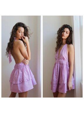 Free People NWT Sail Away Halter Lilac Mini Dress With Button Front Size L